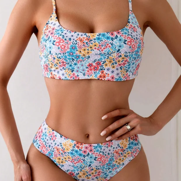 Kwiatowy dwuczęściowy kostium kąpielowy z wysokim stanem
