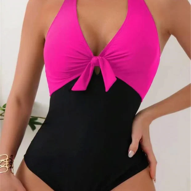 Klasyczny jednoczęściowy kostium kąpielowy z kontrastową górą i wiązaniem na dekolcie
