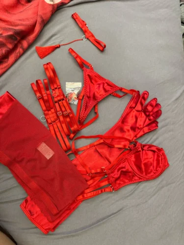 Satynowy komplet bielizny z minispódniczką i dodatkami photo review