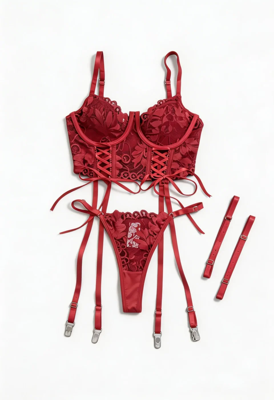 Gorset koronkowy z fiszbinami i wiązaniem – 3-częściowy komplet ze stringami i paskami na uda