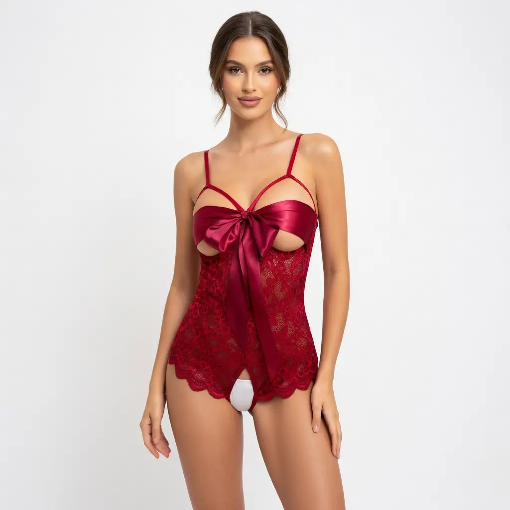 Body koronkowe z kokardą i otwartym krokiem