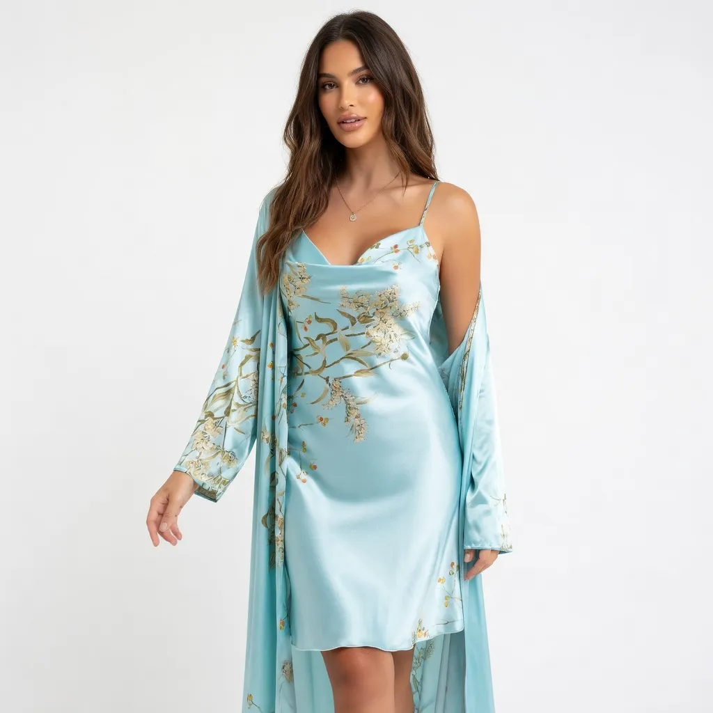 Satynowy komplet z kwiatowym wzorem i szlafrokiem