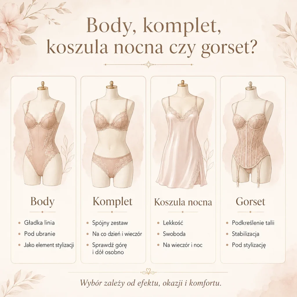 Body, komplet, koszula nocna czy gorset - szybkie porównanie