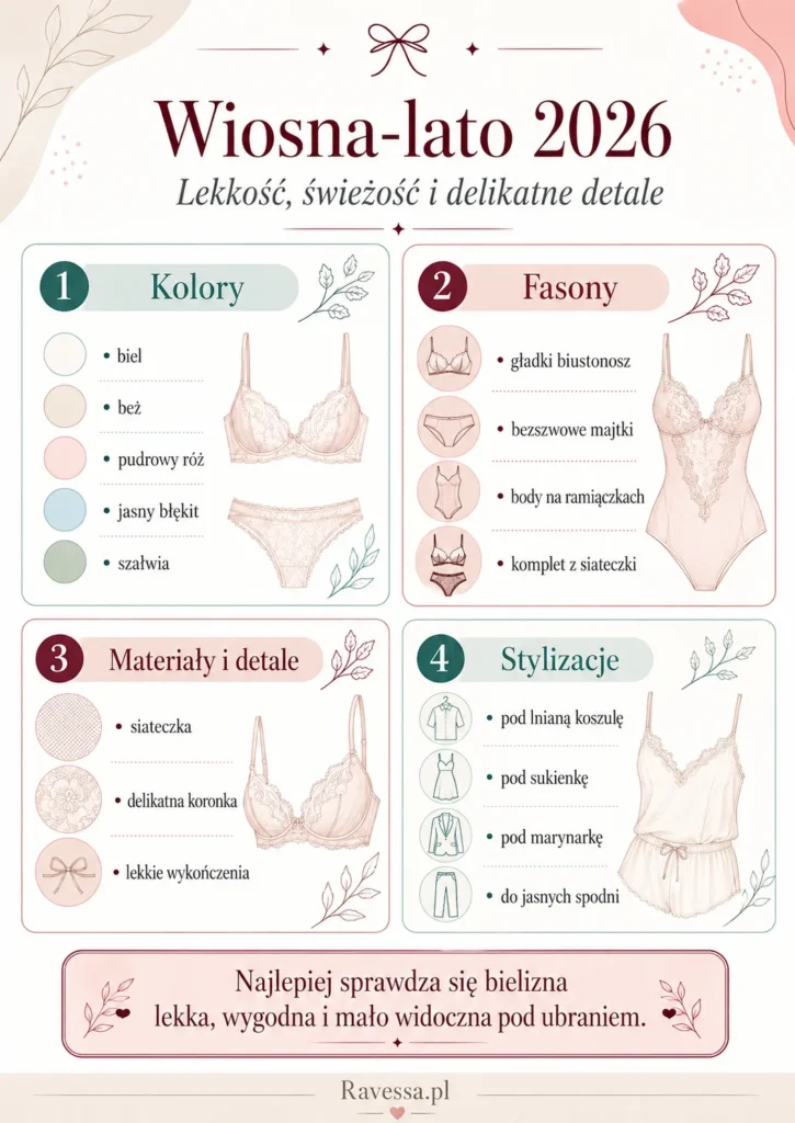 Trendy bieliźniane wiosna-lato 2026: jasne kolory, lekka koronka, siateczka, gładkie biustonosze i body na ramiączkach