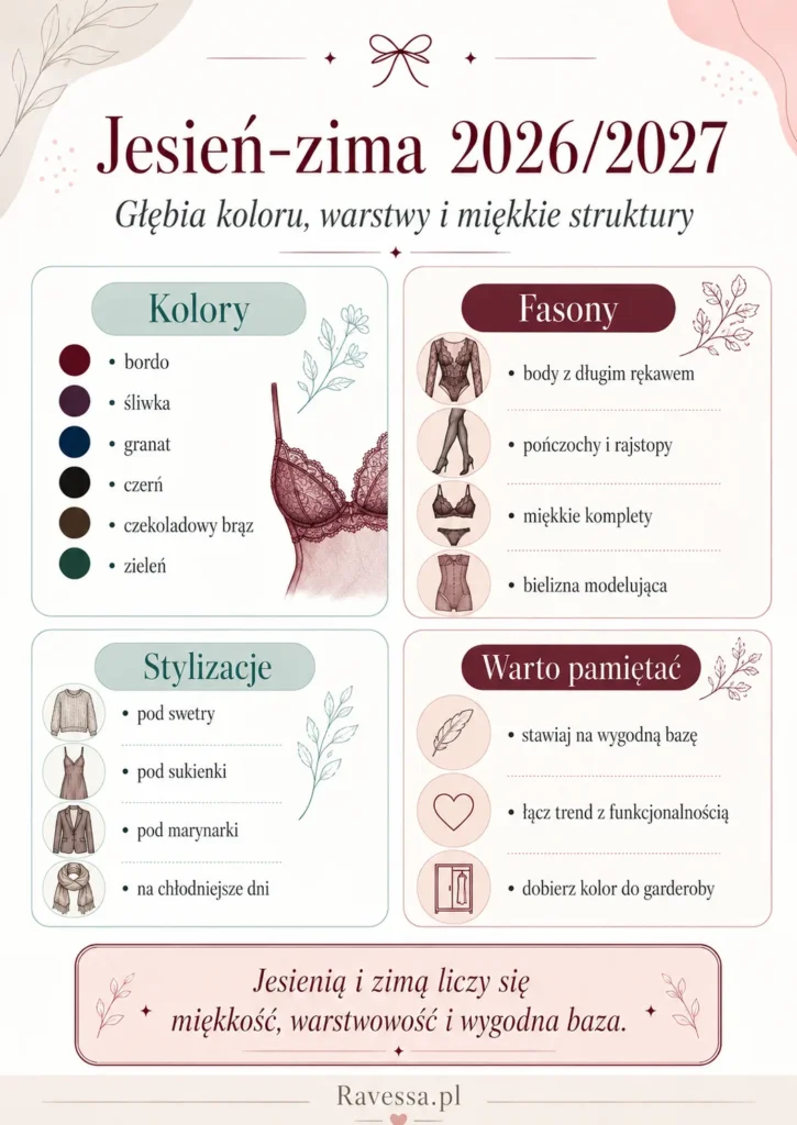 Trendy bieliźniane jesień-zima 2026/2027: głębokie kolory, body z długim rękawem, pończochy, rajstopy i miękkie komplety
